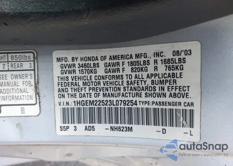 2003 Honda Civic Lx z USA, uszkodzony, nr VIN 1HGEM22523L079254